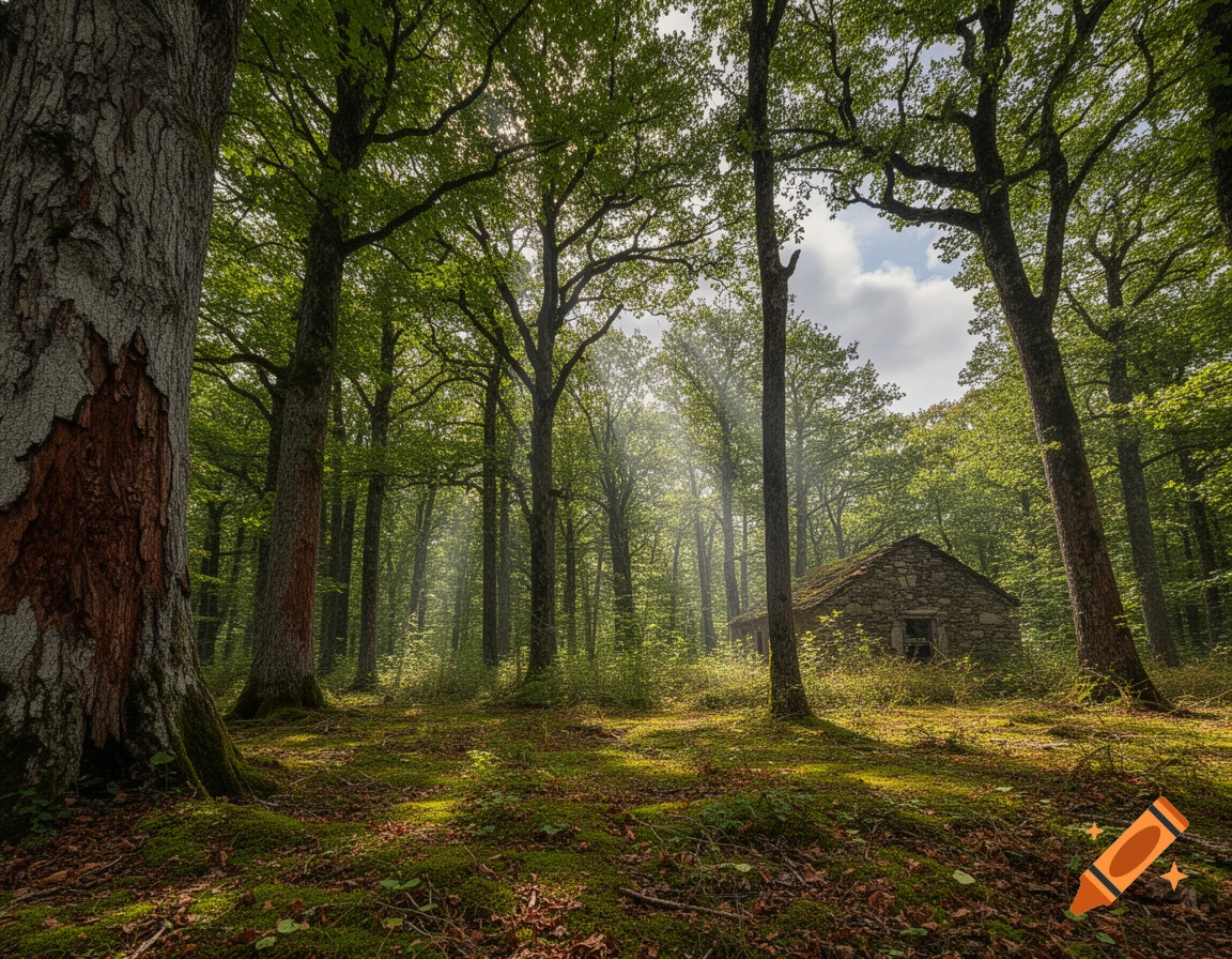Sunlight filters through a lush green forest, illuminating mossy ground and an old stone hut nestled among tall trees.