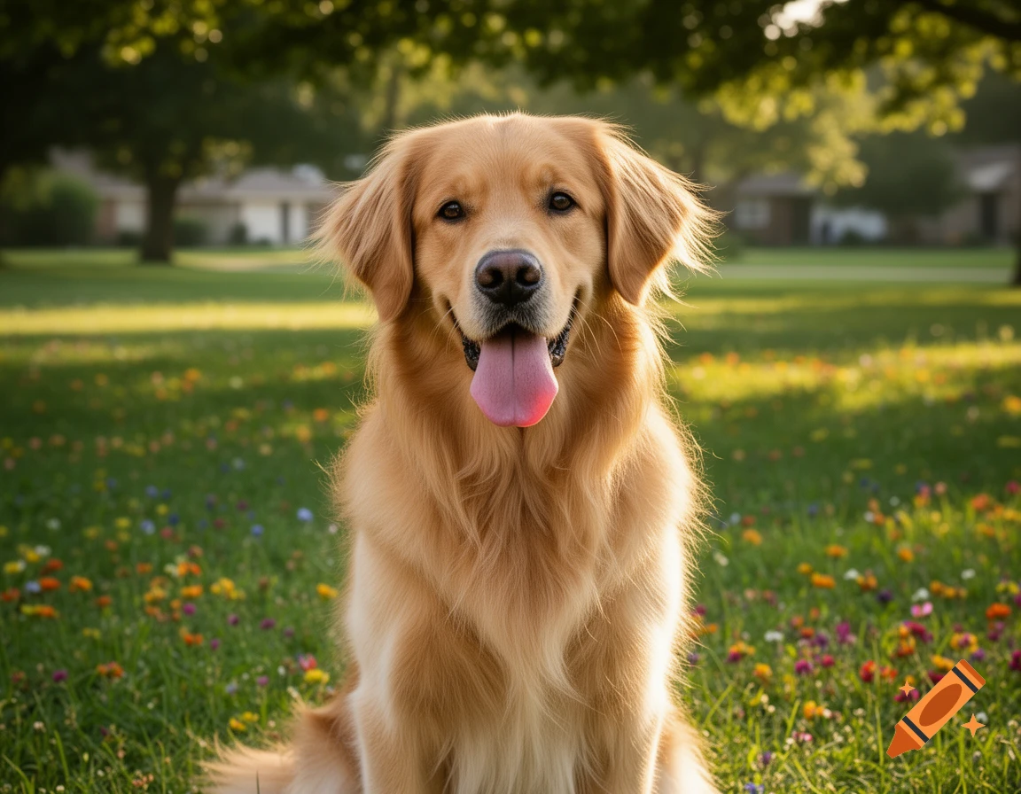 A happy golden retriever dog sits in a sunny field of colorful wildflowers, looking directly at the viewer.
