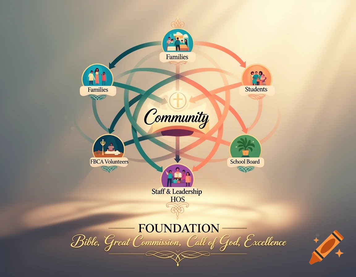 An infographic showing 'Community' at the center, connected to 'Families', 'Students', 'School Board', 'Staff & Leadership HOS', and 'FBCA Volunteers' with arrows. Below is 'FOUNDATION: Bible, Great Commission, Call of God, Excellence'.