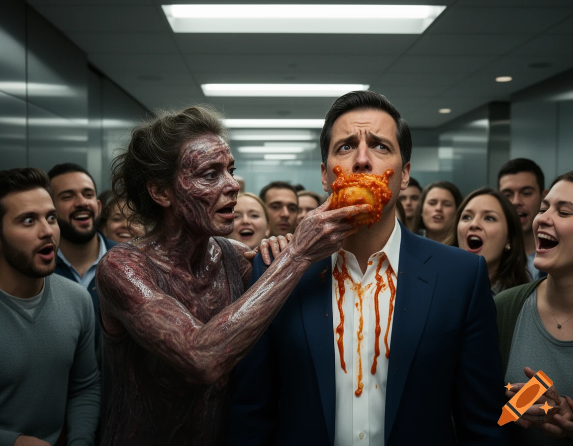 A disfigured woman smears red sauce pasta on a businessman's face, surrounded by laughing onlookers in a photorealistic style.