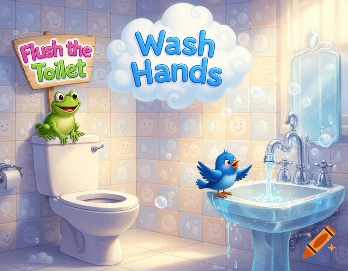 A bright cartoon bathroom with a frog on a toilet and a blue bird at a sink. Text reads "Flush the Toilet" and "Wash Hands".