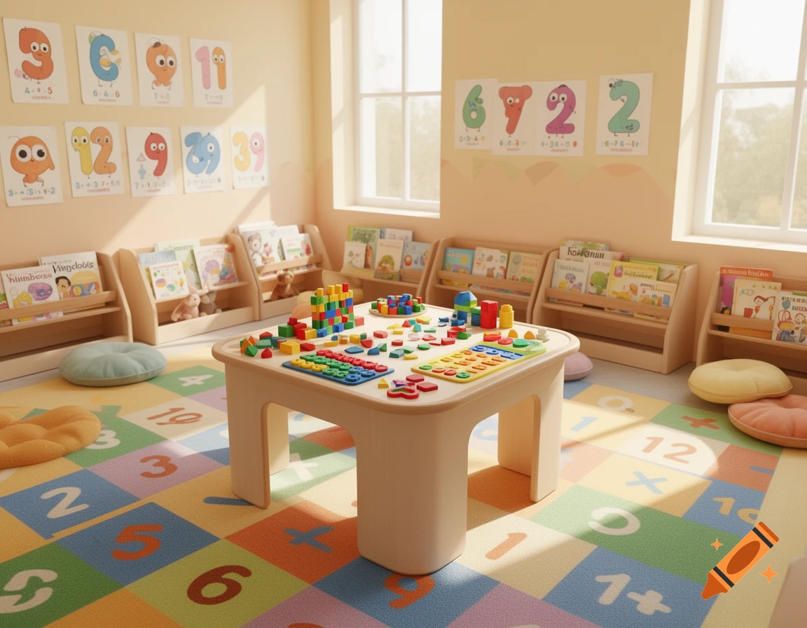 A brightly lit children's classroom with a play table covered in colorful building blocks and math toys, surrounded by bookshelves and a number-patterned mat.