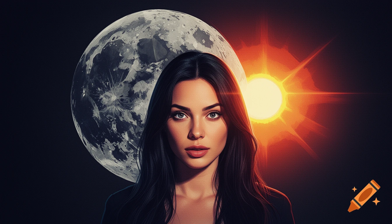 Wide-eyed woman with long dark hair, a large moon behind her left, and a bright sun behind her right, in a stylized pop-art rendering.