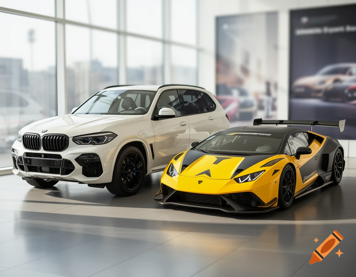 White BMW X5 SUV and yellow and black Lamborghini Huracan GT3 sports car parked side-by-side in a modern car showroom.