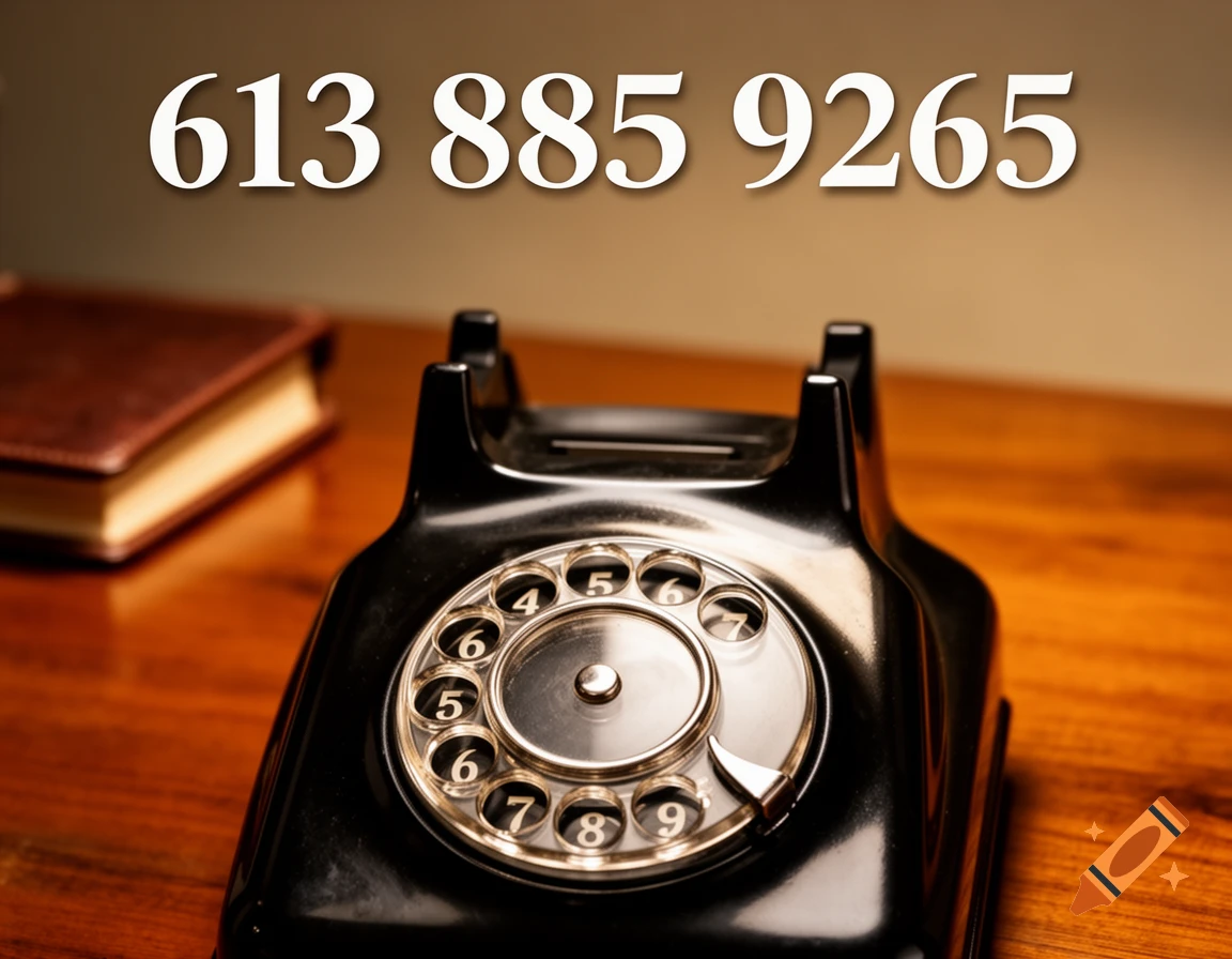 A photorealistic image of a vintage black rotary telephone on a wooden desk with a book, displaying the number 613 885 9265 above it.