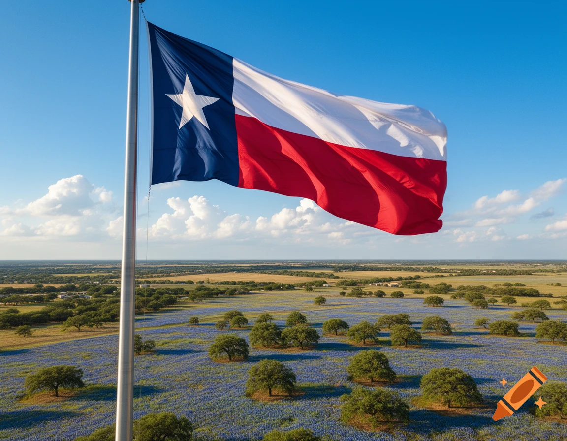The Texas state flag waves on a tall flagpole above a field of bluebonnets and scattered trees under a clear blue sky.