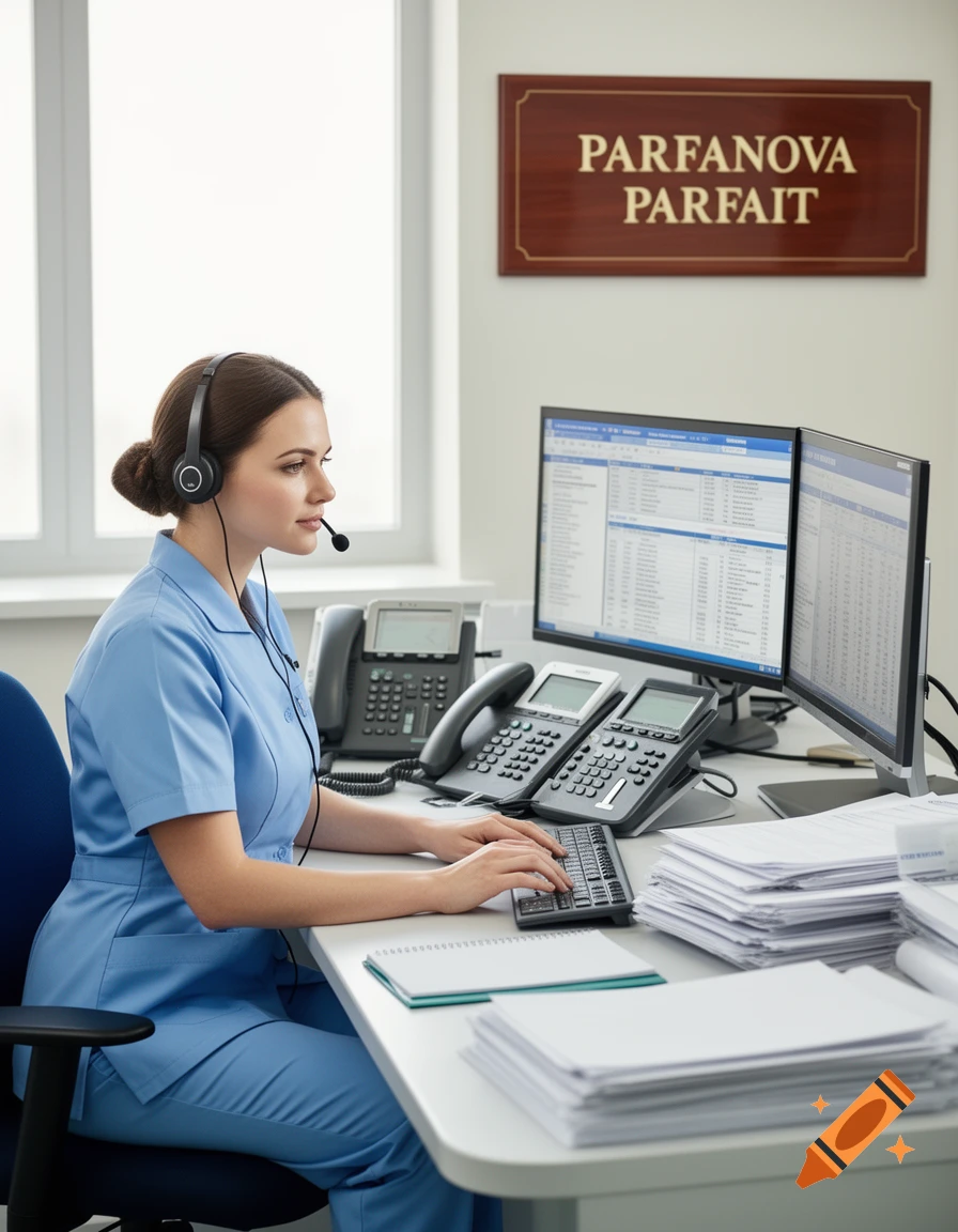 A woman in a light blue uniform and headset works at a desk with multiple phones and computer screens. A sign above reads "PARFANOVA PARFAIT".