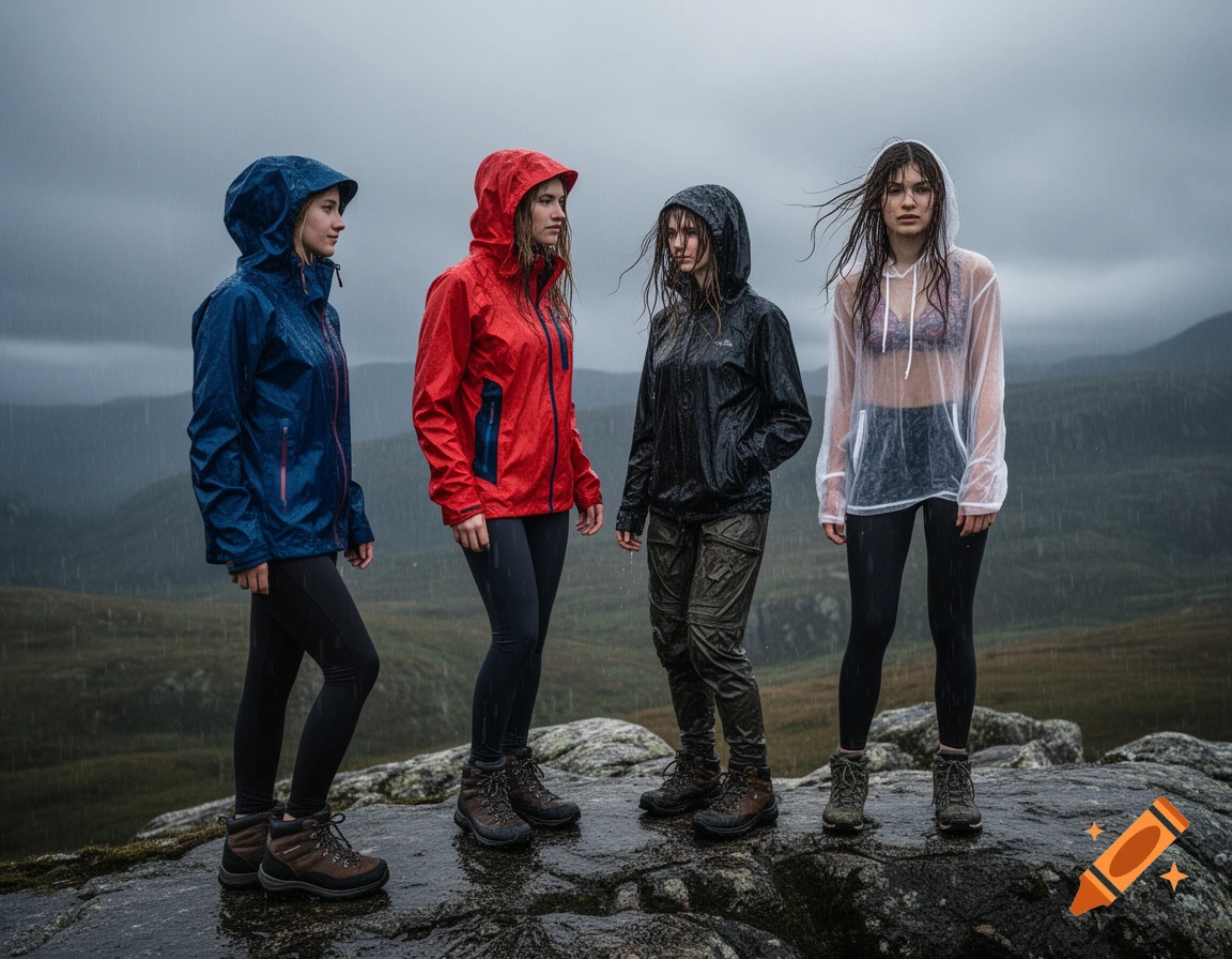 Four young women in various hiking gear stand on a rocky mountain on a rainy, stormy day, one in a sheer hoodie over a bra.