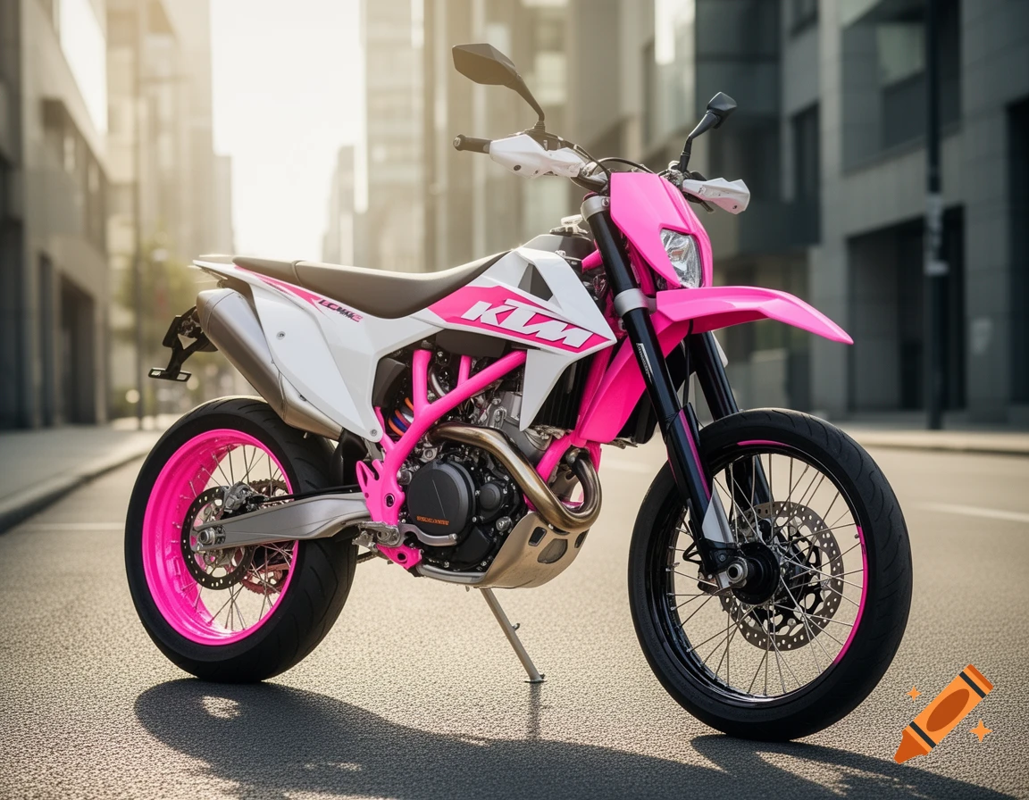 A vibrant pink and white KTM supermoto motorcycle is parked on a city street with blurred buildings in the background.