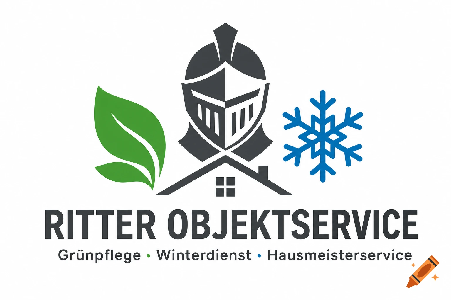 Modern company logo with a dark grey knight helmet, green leaf, blue snowflake, and house silhouette above the text 'RITTER OBJEKTSERVICE' and 'Grünpflege Winterdienst Hausmeisterservice'.