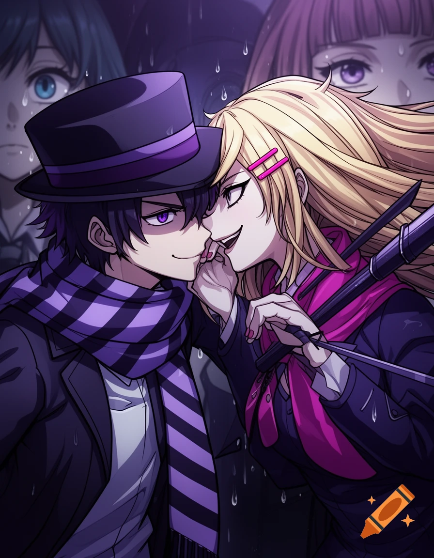 Anime characters close-up in the rain, a man in a hat and a blonde woman with sly smiles, two crying figures in the background.
