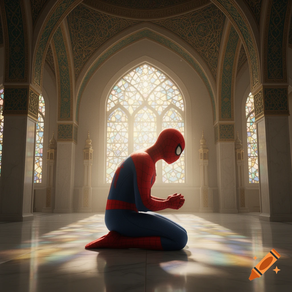 Spider-Man kneels in prayer inside an ornate mosque with large, sunlit stained-glass windows, reflecting colorful light on the polished floor.