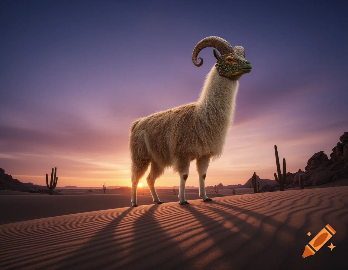 A photorealistic llama-like creature with a horned, reptilian head stands in a sandy desert at sunset, casting long shadows.