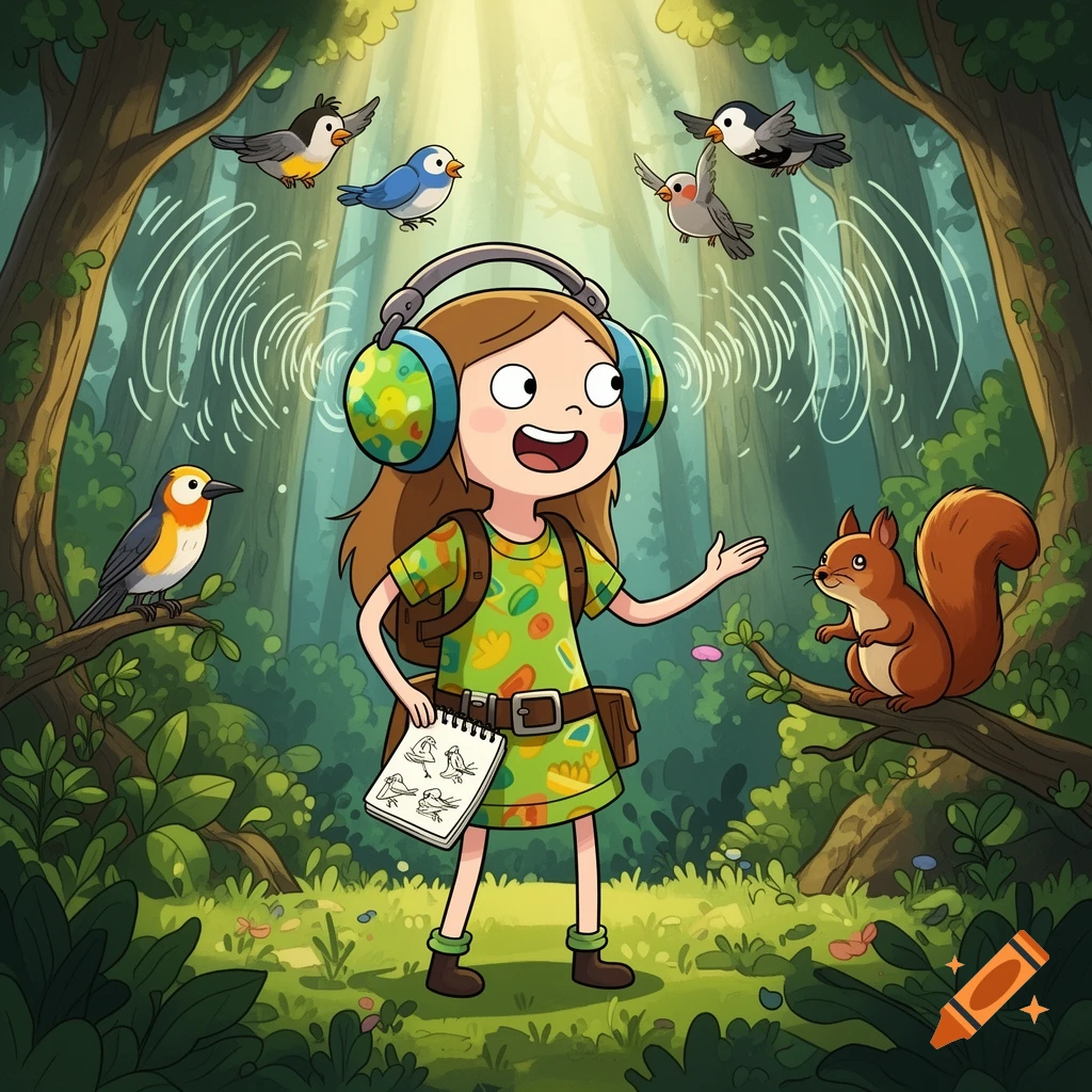 A cartoon girl with headphones, backpack, and notepad interacts with birds and a squirrel in a sunny forest, in Adventure Time style.