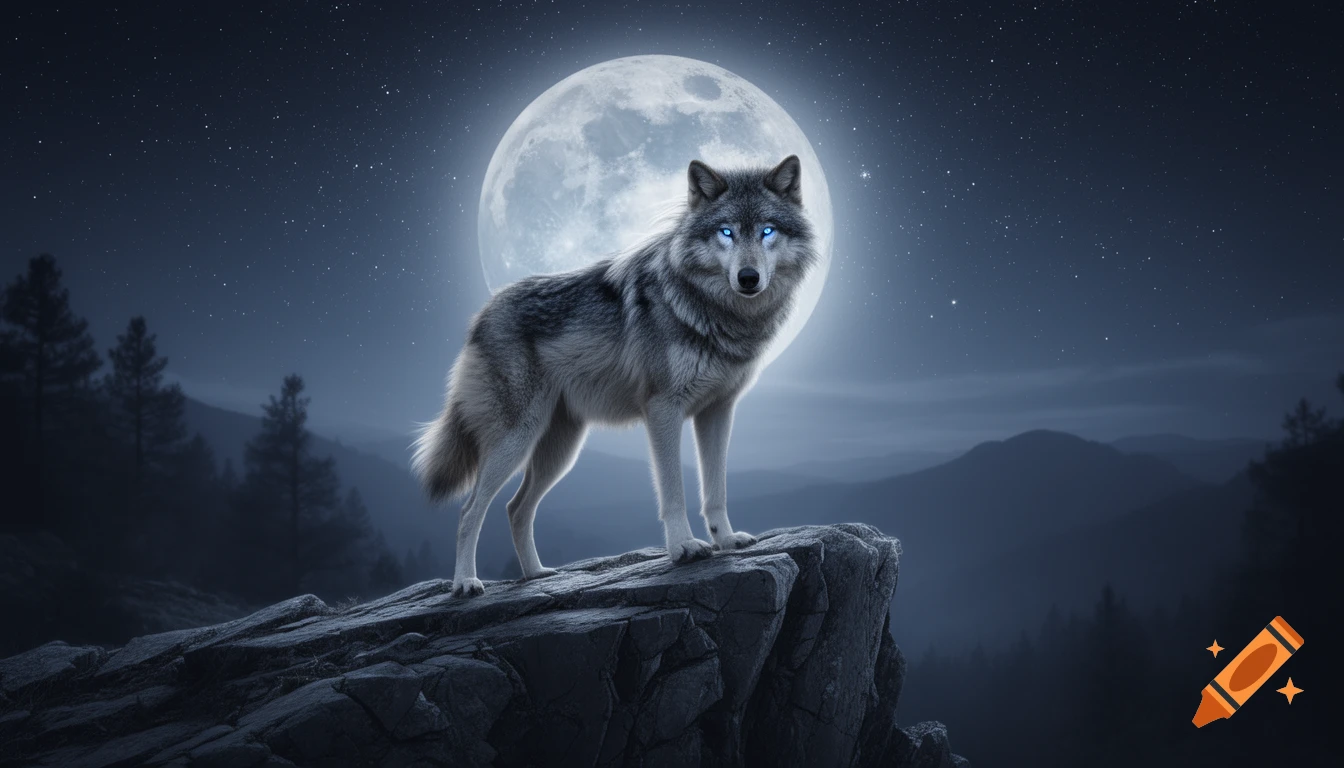 A majestic photorealistic wolf with glowing blue eyes stands on a rocky cliff under a full moon and starry night sky.