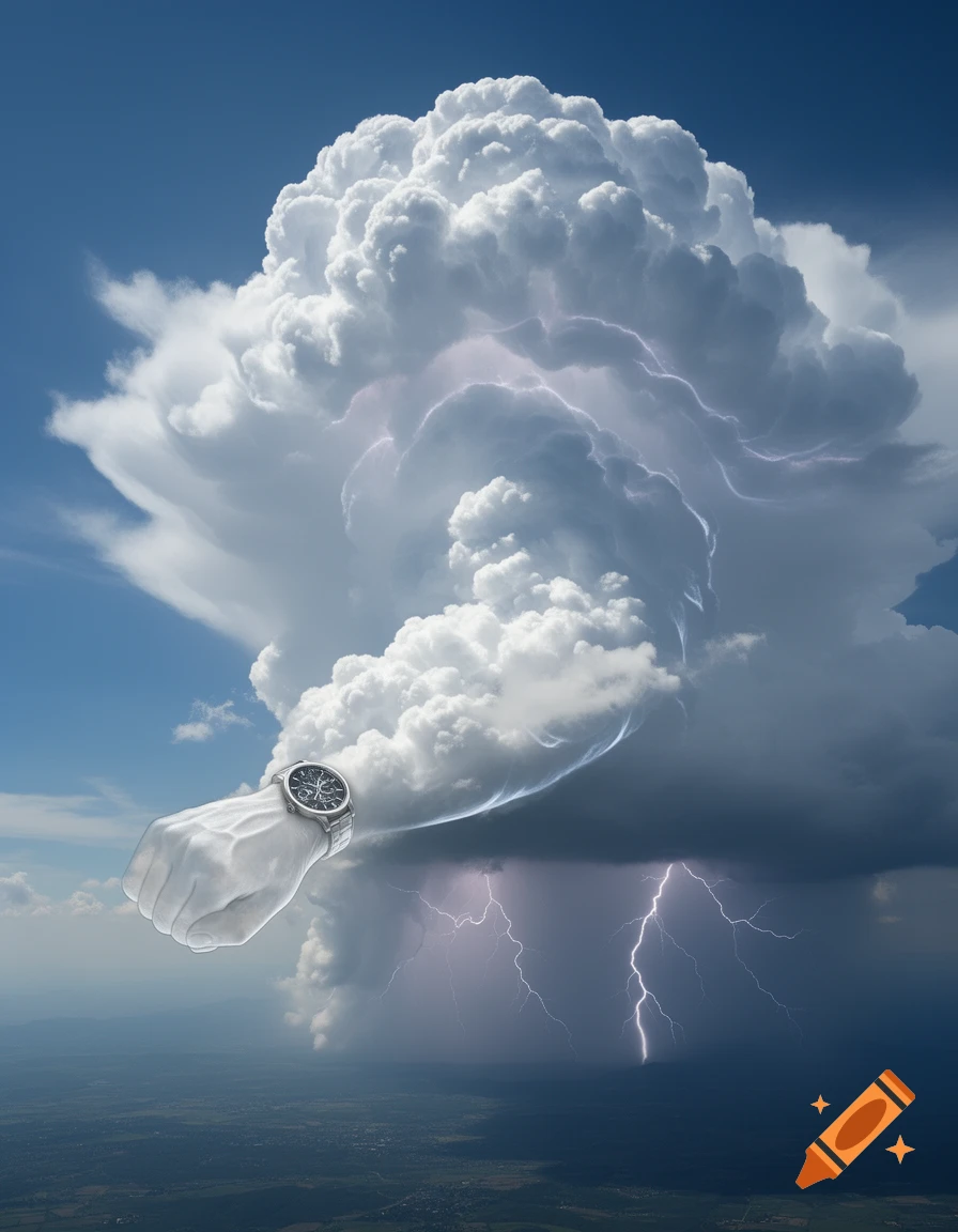 A towering storm cloud resembling an arm wearing a watch against a blue sky with lightning striking below.
