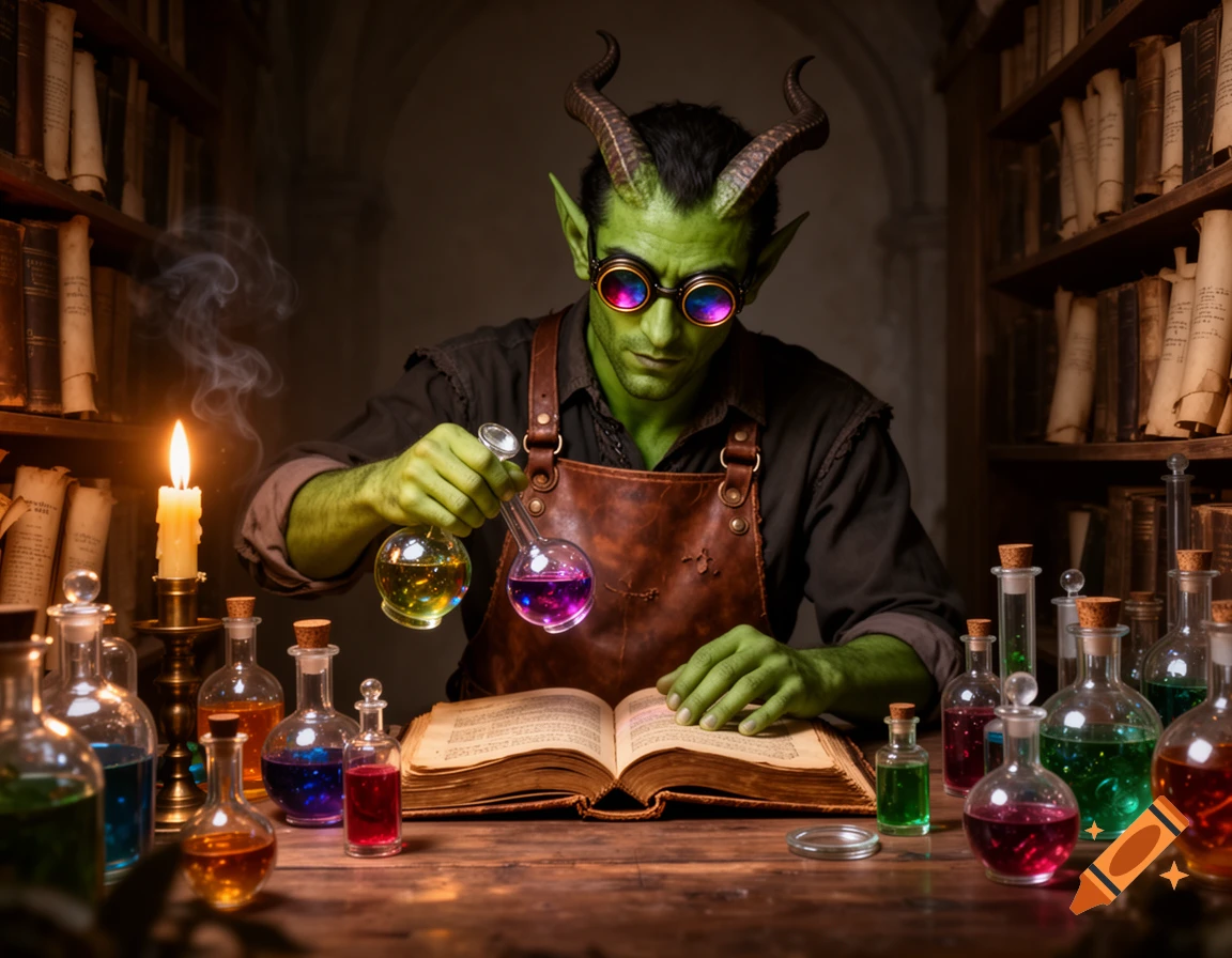 A green-skinned Tiefling alchemist with horns and goggles reads a book while mixing colorful liquids in flasks in a dimly lit library.