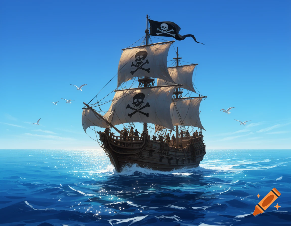 An illustrative pirate ship with skull and crossbones flags sails on a sparkling blue ocean under a clear sky with seagulls.
