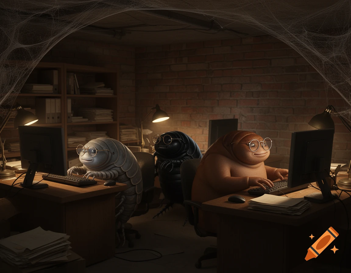 Three friendly, bespectacled woodlice work at computers in a dark, cobweb-filled office with brick walls, photorealistic style.