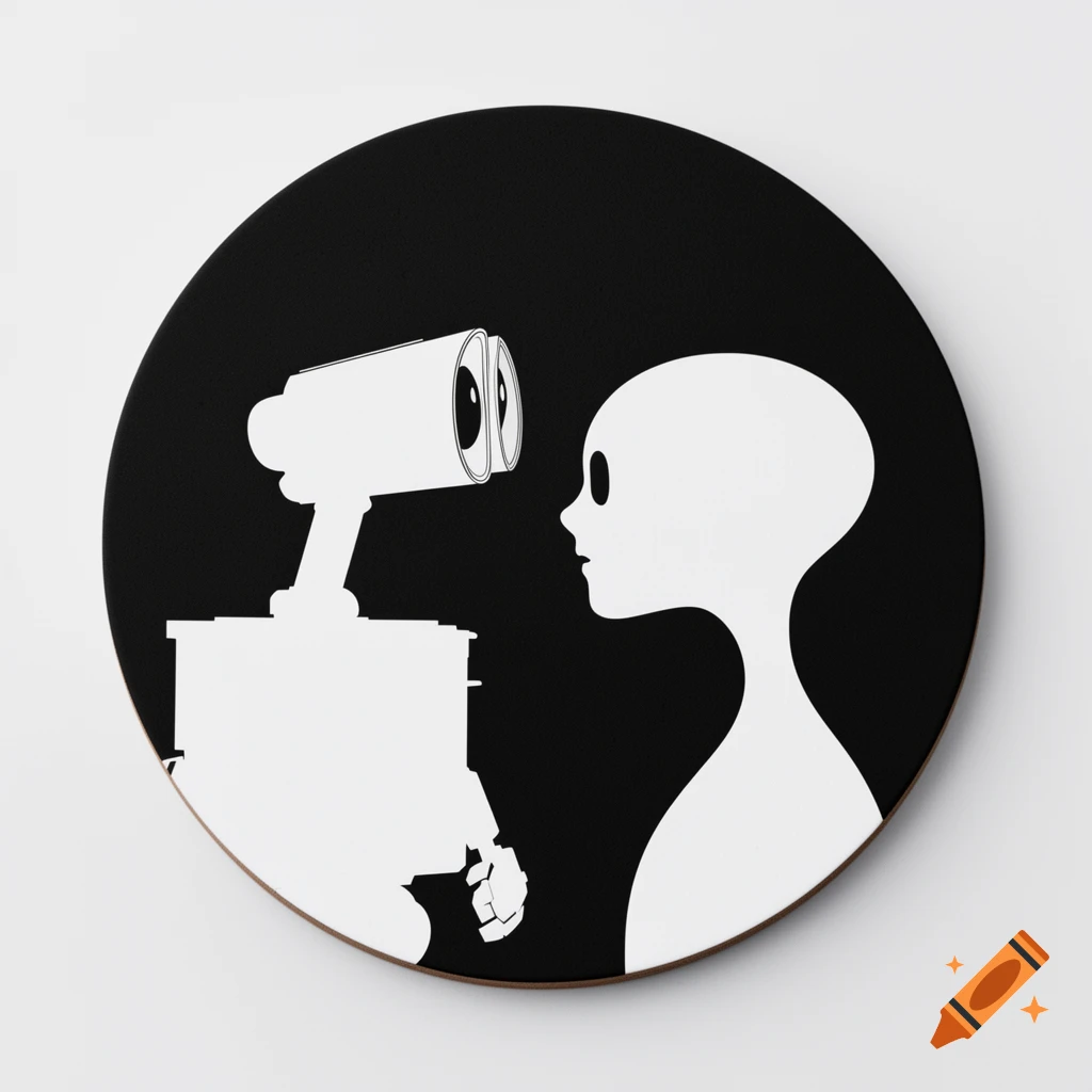 White silhouettes of Wall-E and Eve face each other eye-to-eye in profile on a black circular background, minimalist style.
