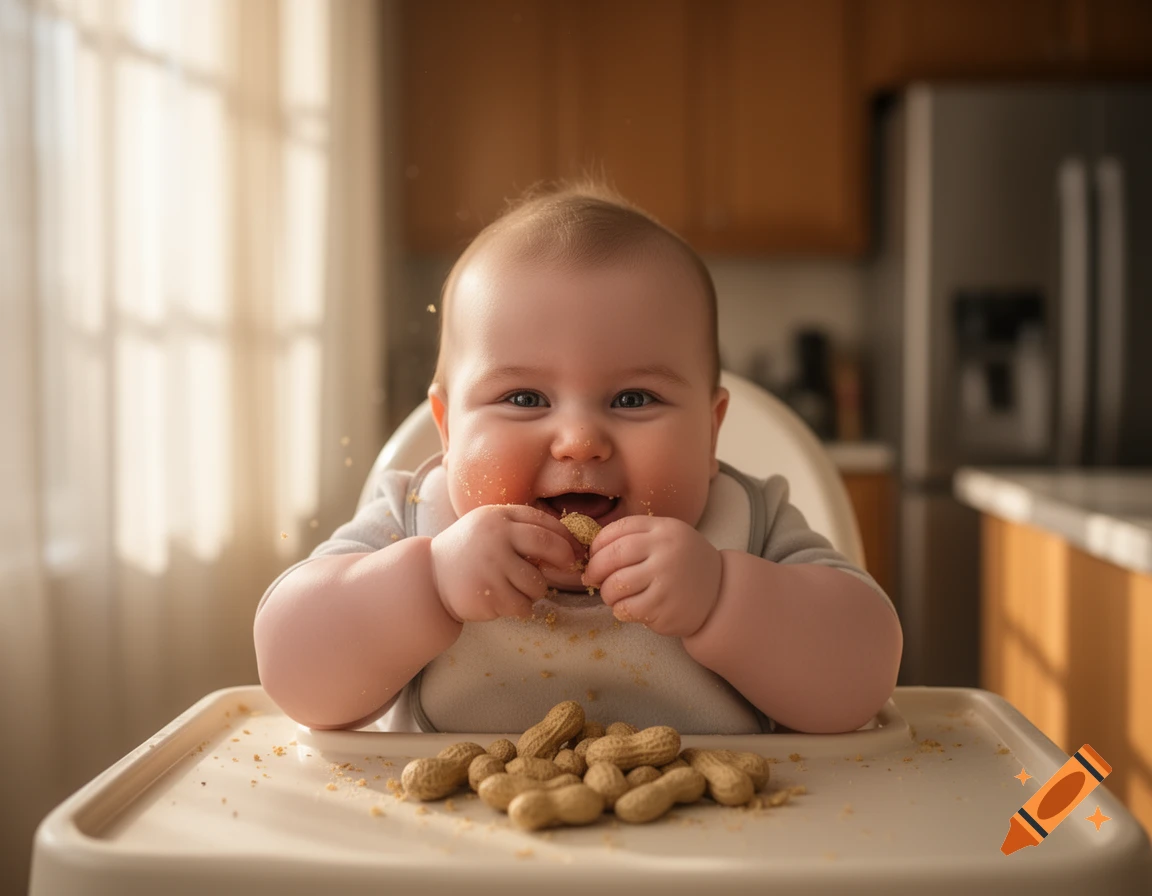 A happy baby with blue eyes sits in a high chair, smiling with food on its face and hands while holding and eating peanuts from a pile on the tray, photorealistic.