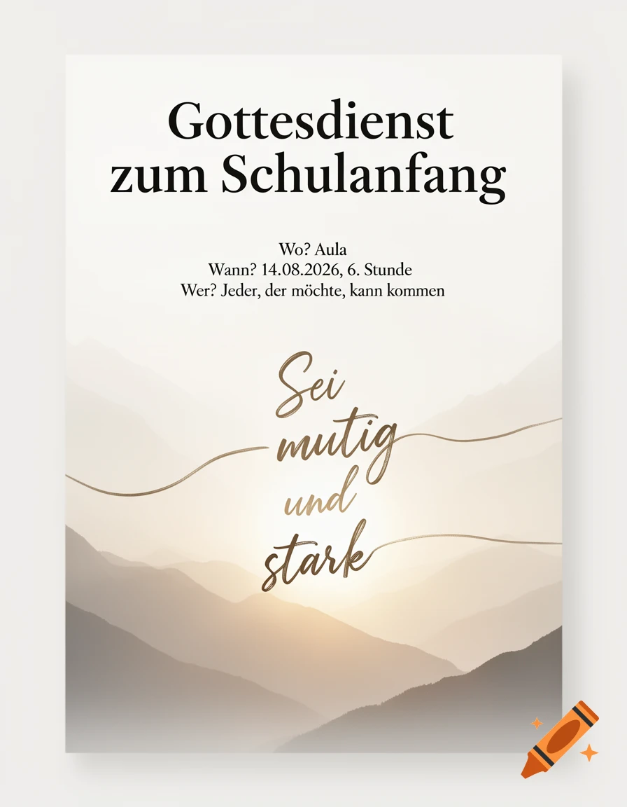 A poster for a school church service, featuring text over a serene mountain landscape with a sunrise. The text reads: "Gottesdienst zum Schulanfang" and details for time and place.