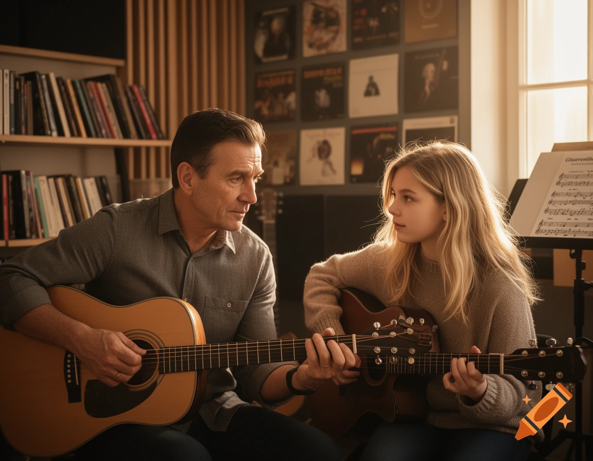A man and a girl sit facing each other, playing acoustic guitars in a sunlit room with bookshelves and record albums in the background.