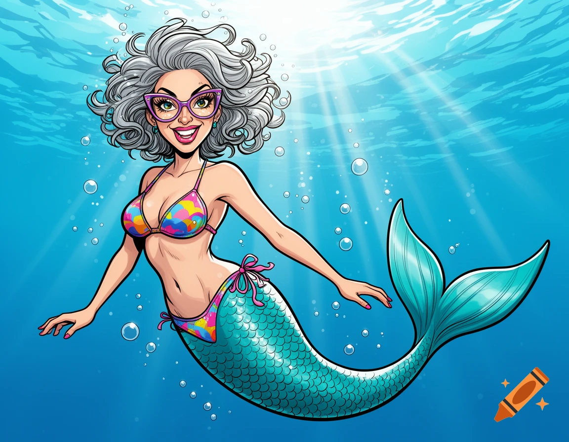 Smiling cartoon mermaid with grey curly hair and purple glasses, wearing a colorful bikini, swimming in blue water with sunbeams.