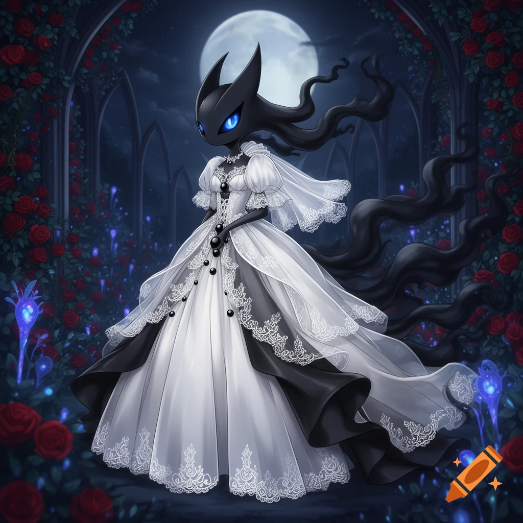Darkrai Pokémon in an elegant black and white wedding gown stands in a gothic rose garden under a full moon.