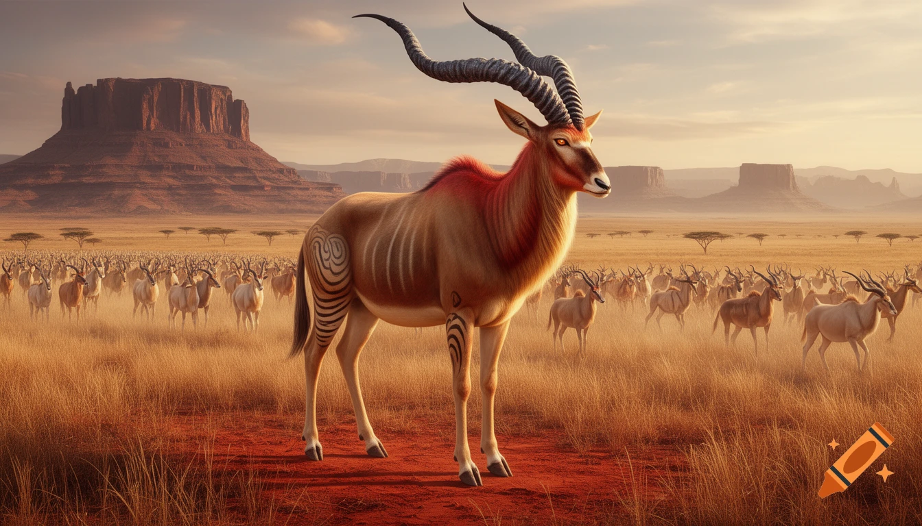 A majestic fantasy antelope with huge spiral horns stands in a golden grass savanna with red earth, rocky plateaus, and a large herd in the background, under a golden sky.