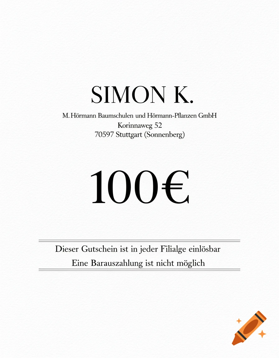 A black and white 100 Euro value voucher for Simon K. from M. H H dermann Baumschulen und H H dermann-Pflanzen GmbH.
