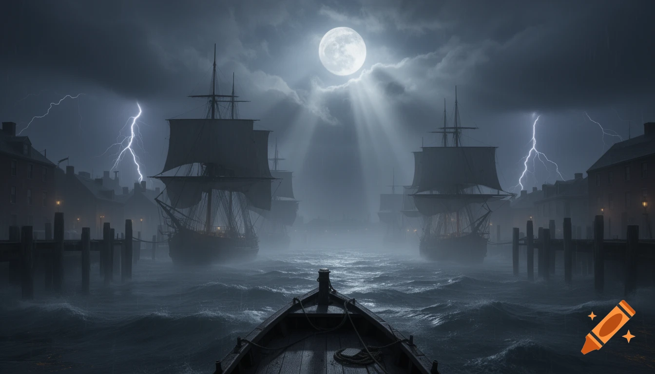 A stormy, foggy harbor at night with a full moon, lightning, and several large sailing ships, seen from a small boat.