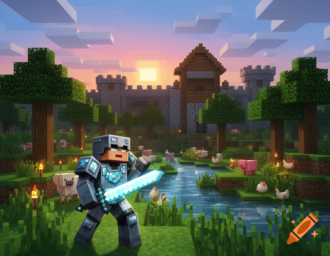 A blocky Minecraft-style knight with a glowing sword stands in a grassy field with a river, castle, trees, and farm animals at sunset.
