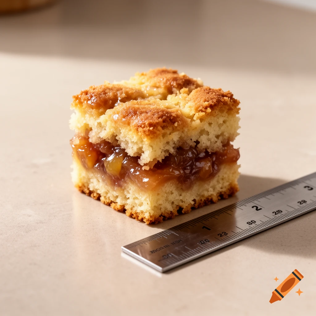 A square of dump cake with a crumb topping sits next to a metal ruler on a light surface.
