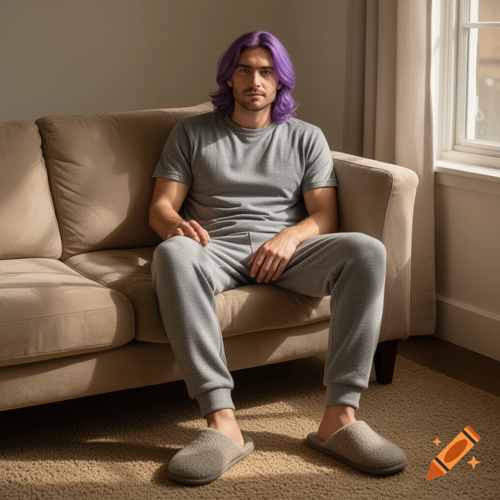 A man with long purple hair, wearing a gray t-shirt, sweatpants, and slippers, sits on a beige couch.