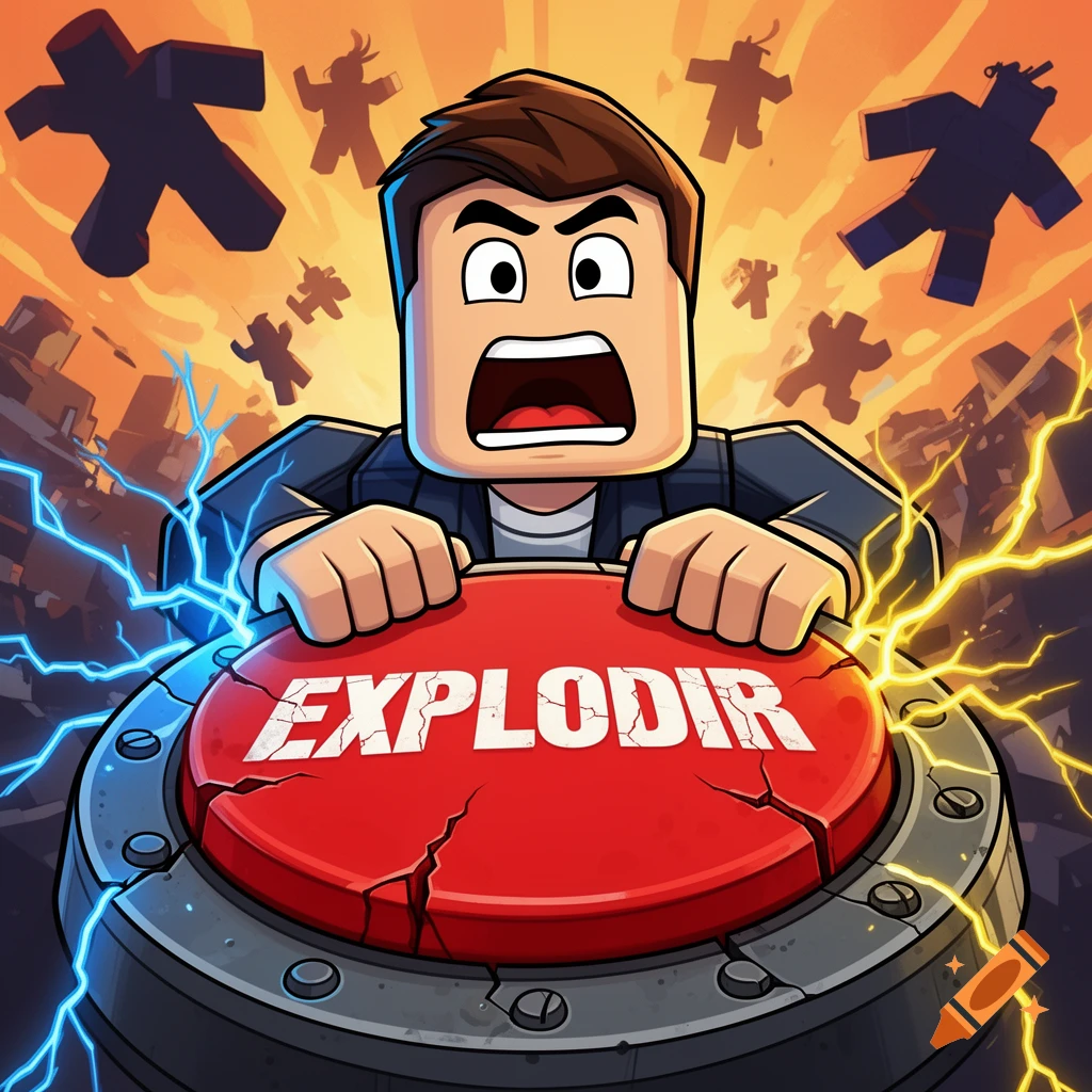 Roblox character with wide eyes and open mouth about to press a large red button labeled 'EXPLODIR', surrounded by lightning and stylized explosions.