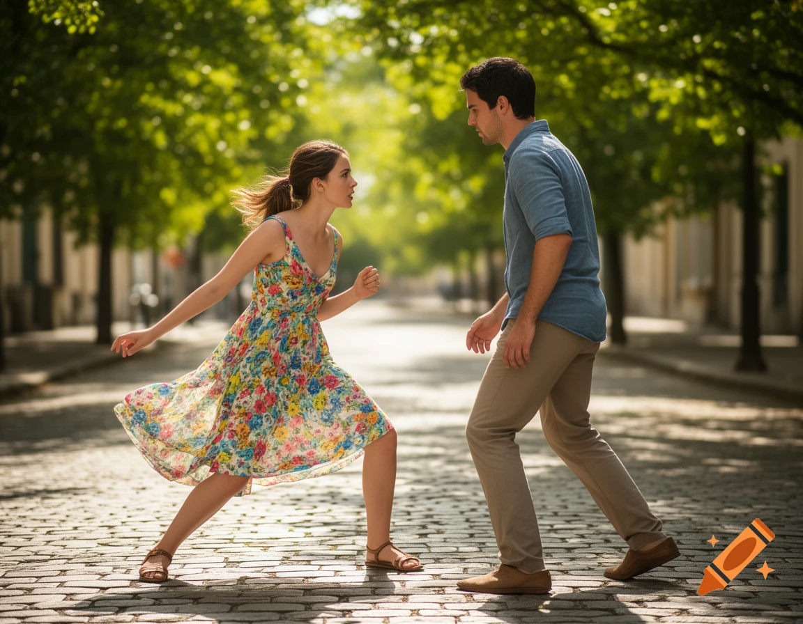 A young woman in a colorful floral dress and a man in a blue shirt face each other on a sunny, tree-lined cobblestone street.