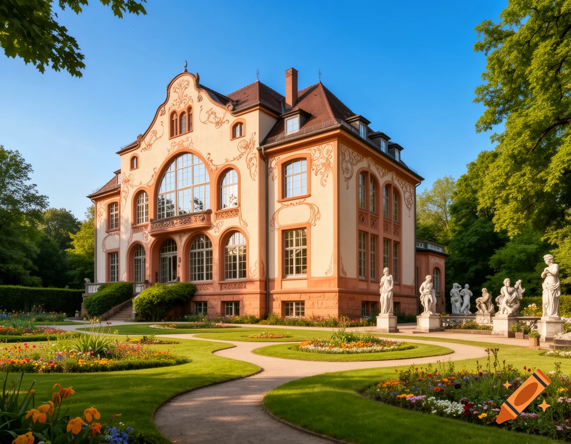 A grand, ornate beige and orange villa with large windows stands in a sunny, manicured garden with winding paths, colorful flowers, and classical statues.