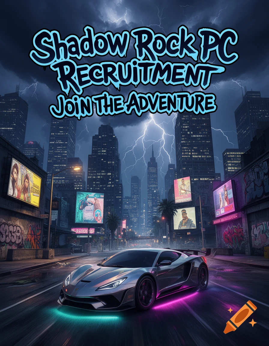 A silver futuristic sports car with neon underglow on a rainy city street at night, with skyscrapers, billboards, and lightning. Text: "Shadow Rock PC RECRUITMENT JOIN THE ADVENTURE".