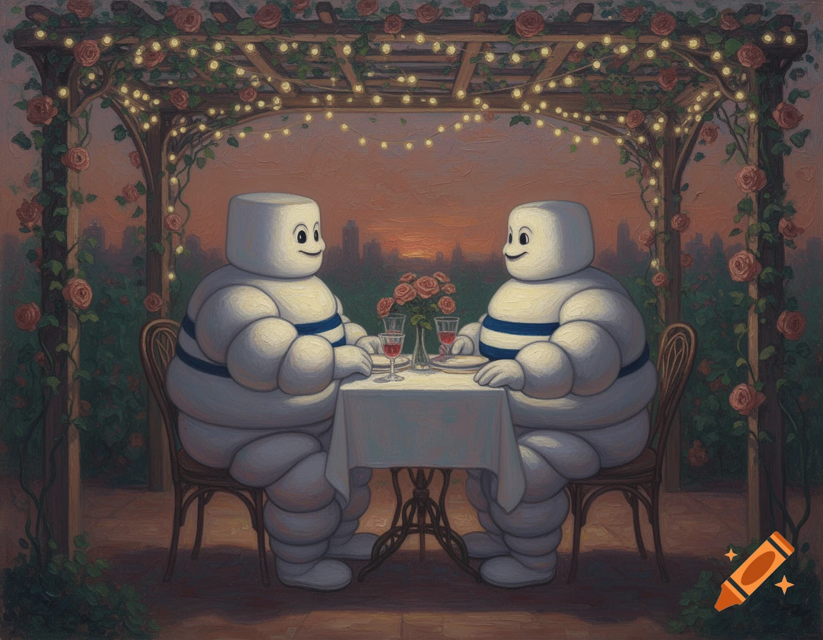 An oil painting of two marshmallow men, resembling the Michelin Man, on a romantic date under a rose-covered pergola at sunset.