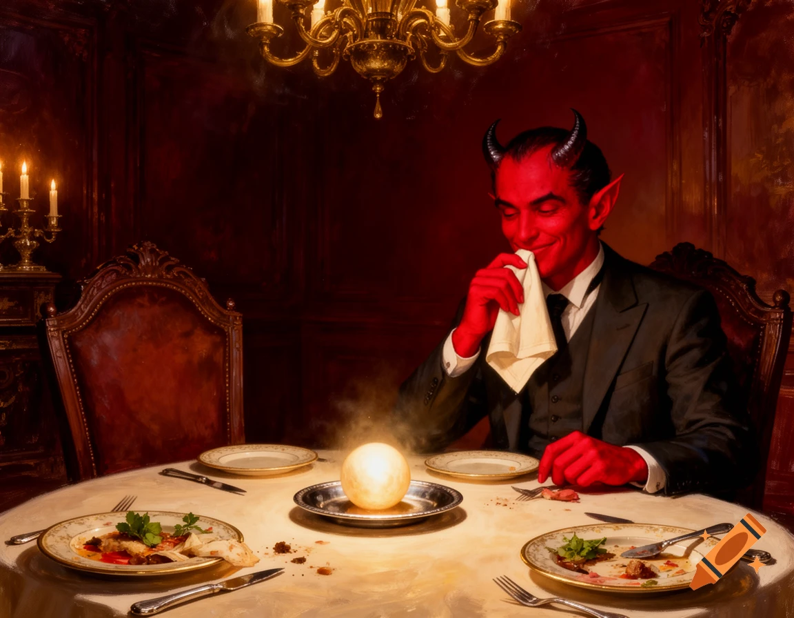 A red-skinned devil with horns and a suit dabs his mouth with a napkin at a candlelit dinner table, a glowing orb on a platter.