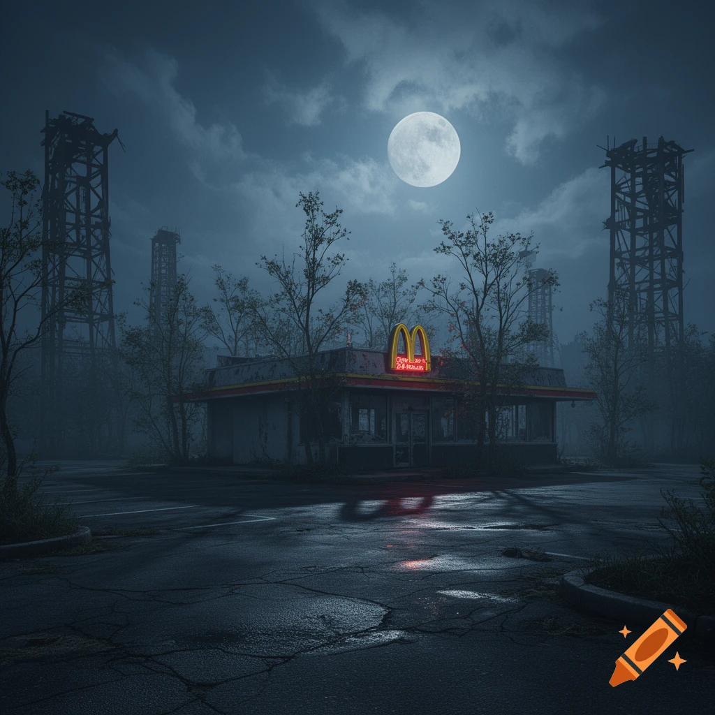 An abandoned McDonald's restaurant with a glowing sign under a full moon, surrounded by overgrown trees and decaying industrial structures, creating a desolate, post-apocalyptic night scene.