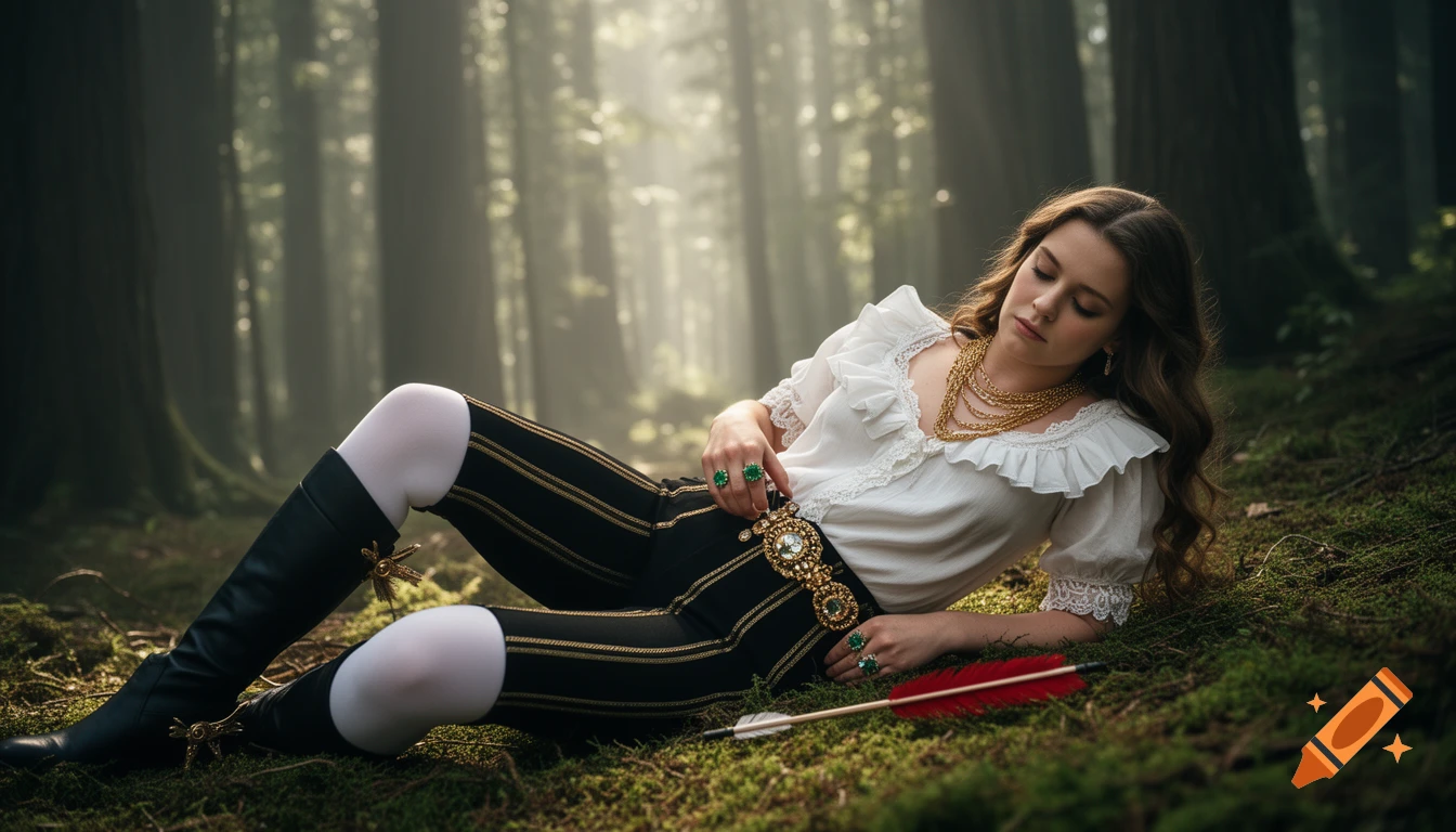 A photorealistic image of a princess in a ruffled blouse and ornate attire, lying on a mossy forest floor with an arrow nearby, dappled in sunlight.