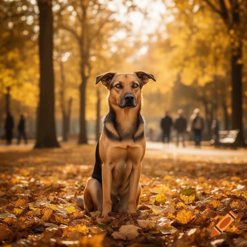 A brown and black dog sits in an autumn park, surrounded by fallen yellow leaves, with blurred people and trees in the background. Photorealistic.