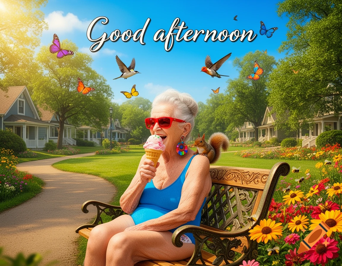 Elderly woman in swimsuit and sunglasses eats ice cream on a park bench with a squirrel, under a sunny sky with "Good afternoon" text.