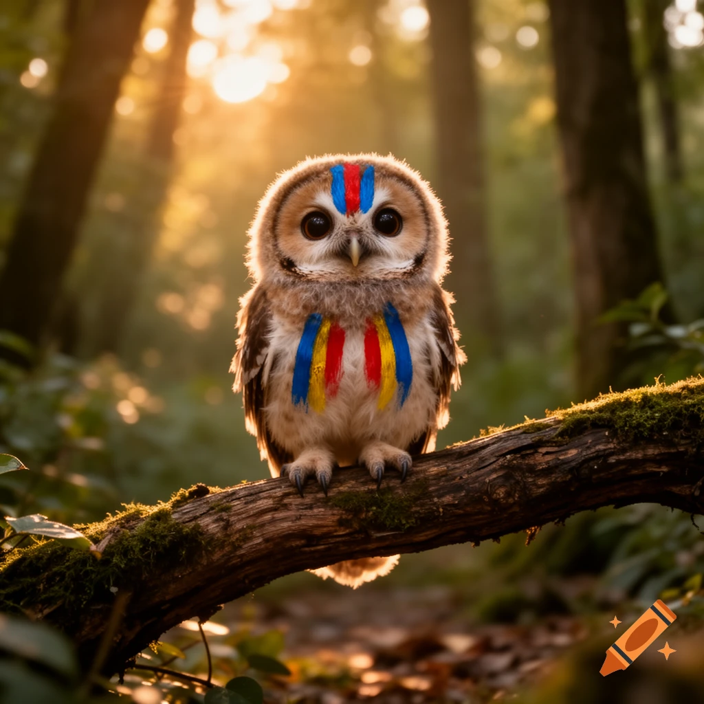 A cute fluffy owlet with blue, red, and yellow markings on its head and chest, perched on a mossy branch in a sun-dappled forest.