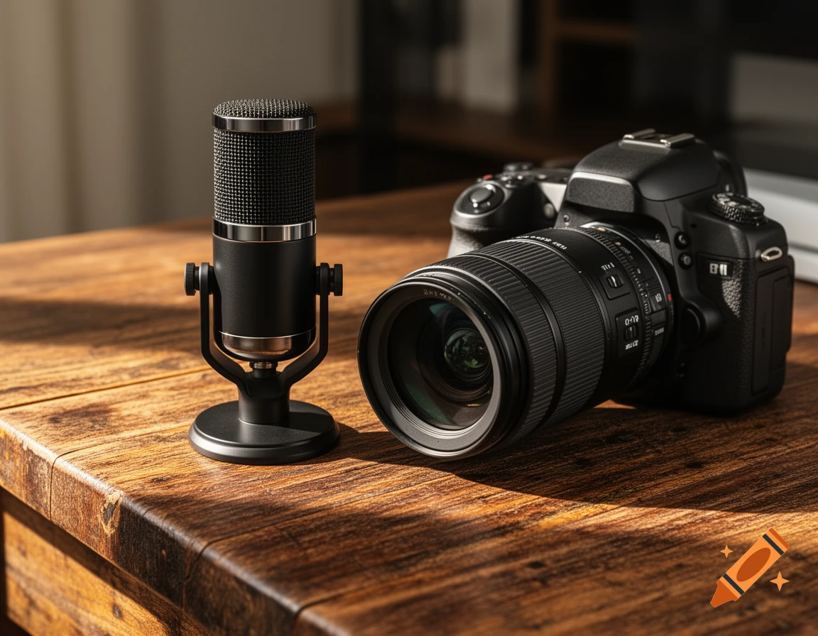 A black microphone and a black DSLR camera with a lens resting on a wooden table.
