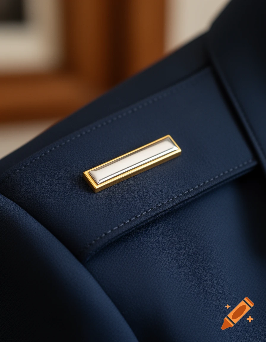 Close-up of a gold and silver rectangular rank insignia pin on dark blue uniform fabric.