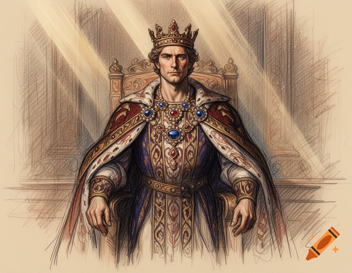 Detailed sketch of a handsome king wearing a crown and regal robes, seated on a throne with rays of light in the background.