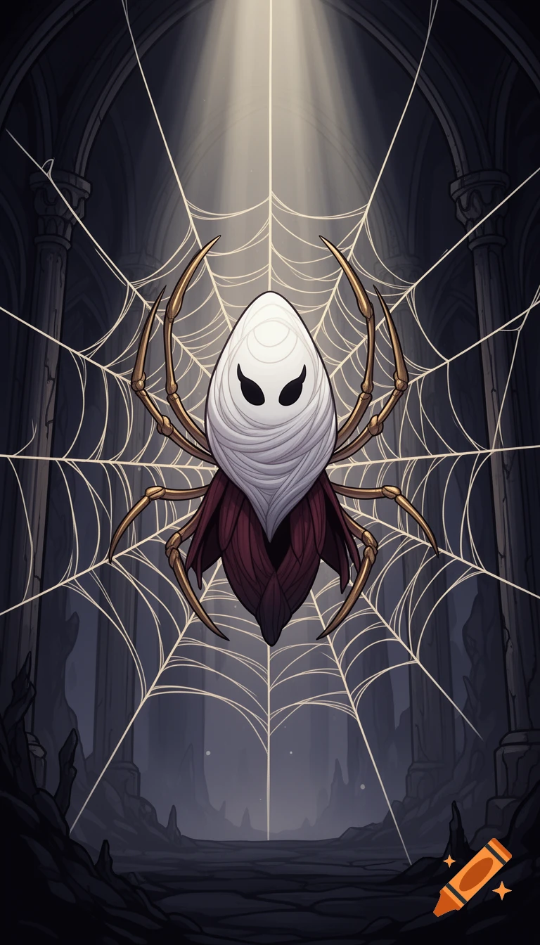 A white, egg-shaped, stylized spider-like creature with gold legs and a red base hangs from a glowing white spiderweb in a dark, gothic temple with light shining down.
